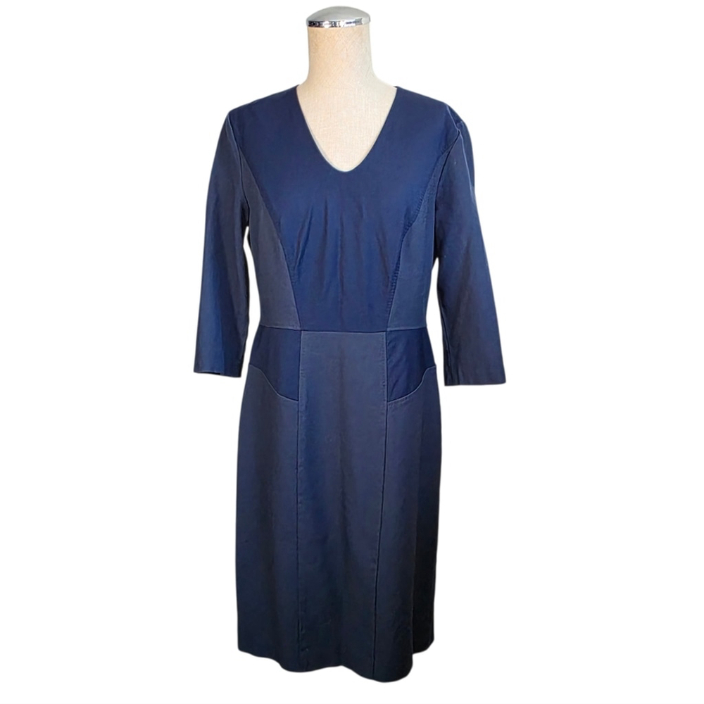 BOSS Hugo Boss Navy Wool Sheath Dress US 8 V Neck 3/4 Sleeve Career Office Midi - Picture 3 of 14